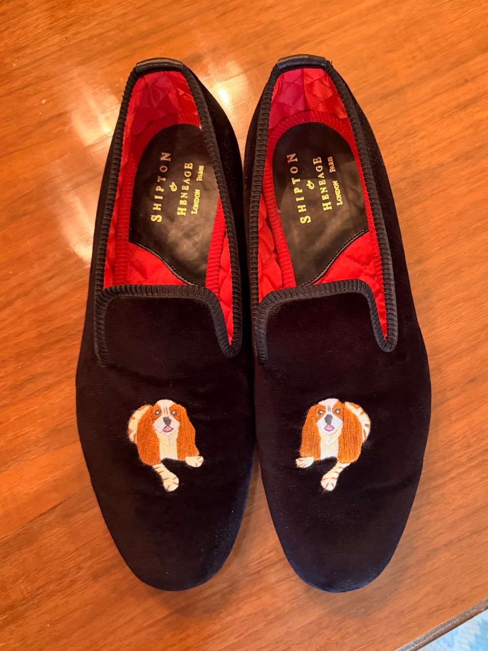 Shipton & Heneage Black Velvet Mens Slipper Cavalier King Charles Spaniels Sz 10
